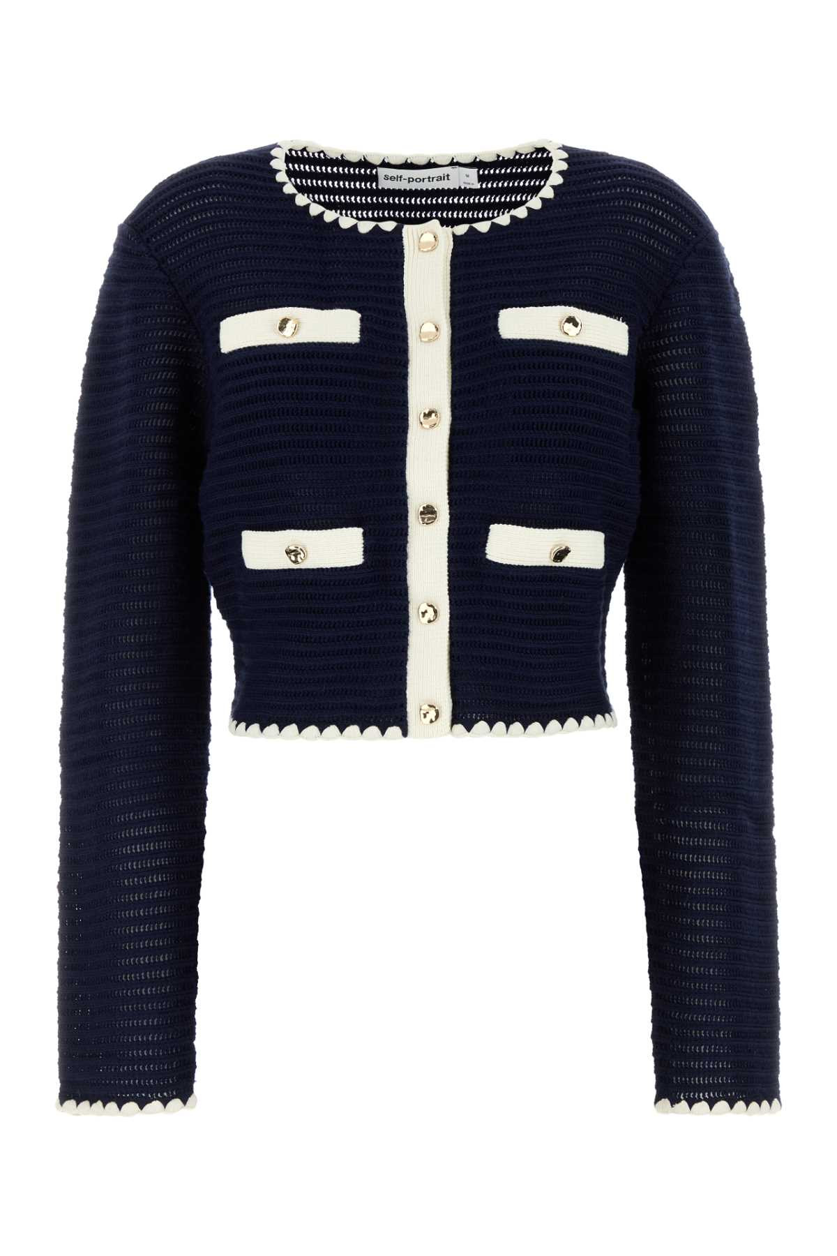 Self Portrait Women Navy Crochet Contrast Trim Cardigan - 2
