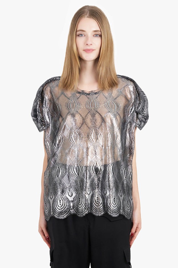 FOILED LACE S/S TOP | SILVER/BLACK - 3