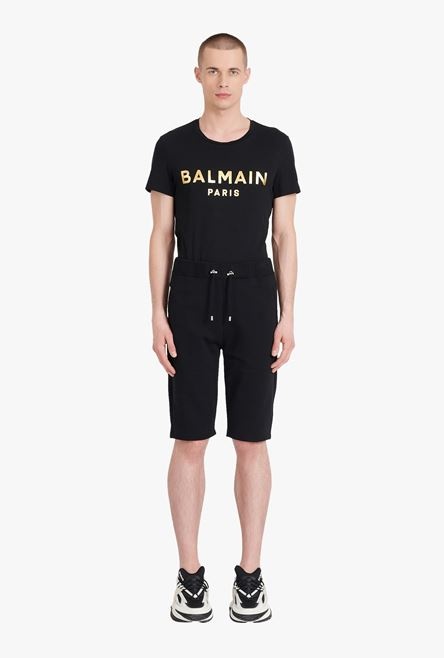 Black eco-designed cotton shorts with white and gold Balmain Paris logo print - 4