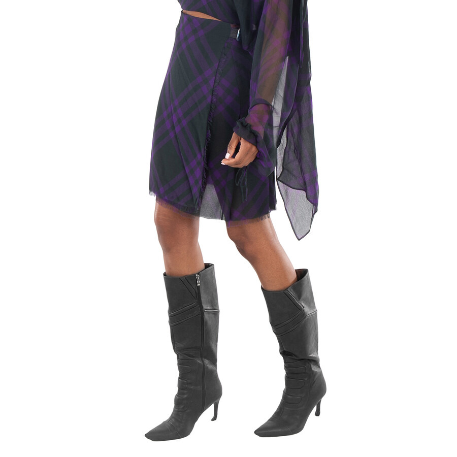 Burberry Wrap- Belt Check-Pattern Frayed Skirt - 4