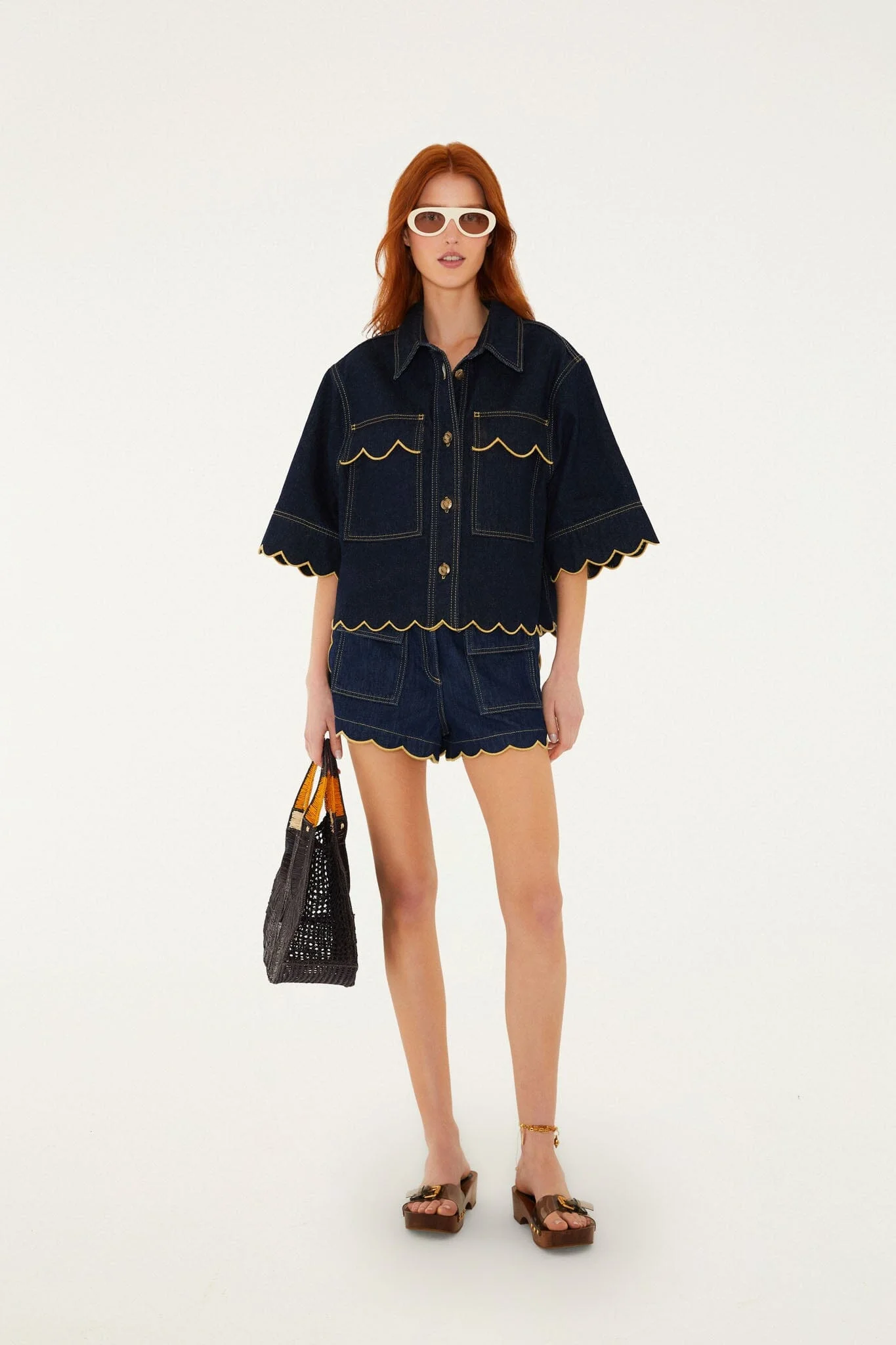 Dark Denim Wavy Hem Short Sleeve Shirt - 1