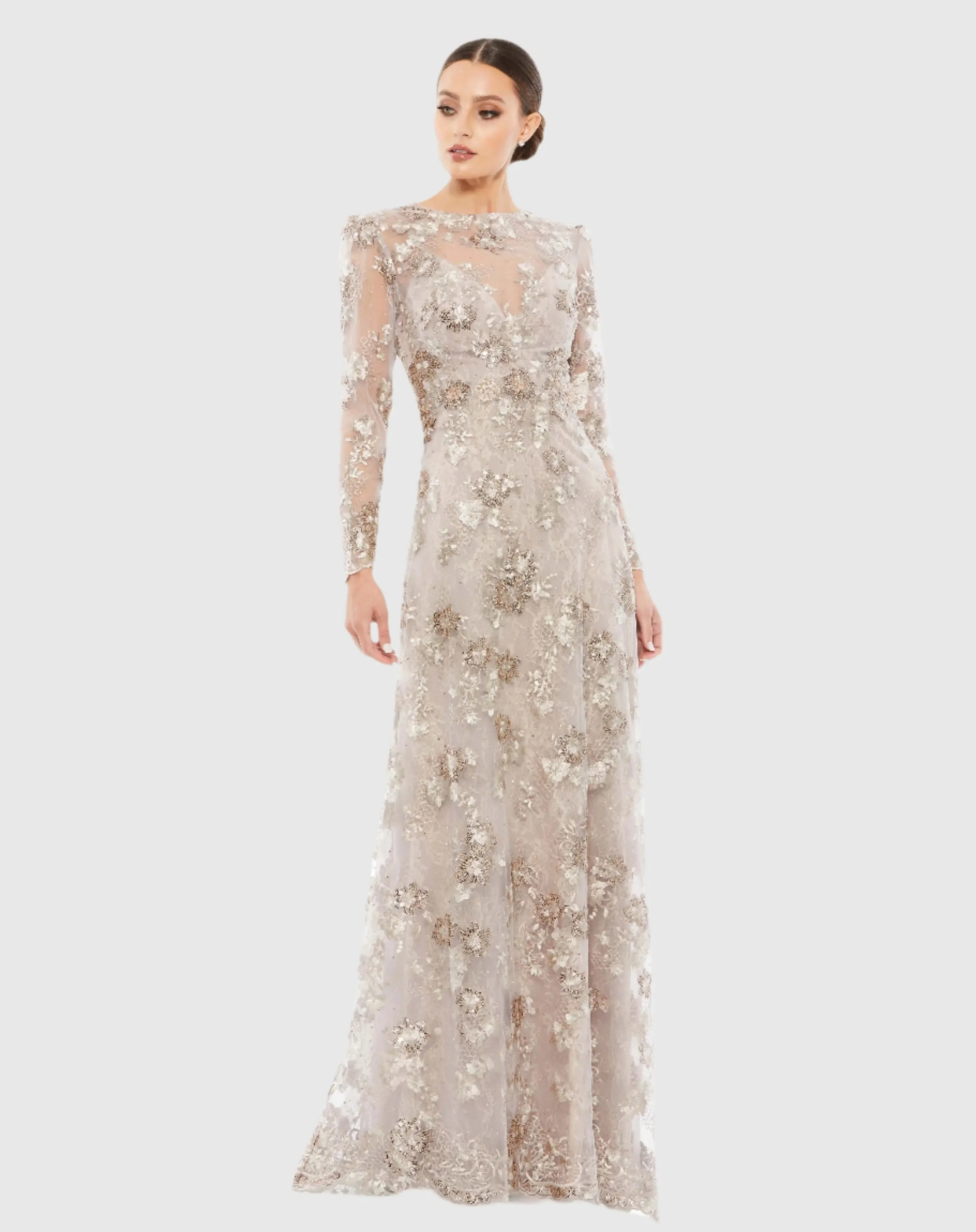 Beige Floral Embroidered Illusion Long Sleeve Evening Gown - 1
