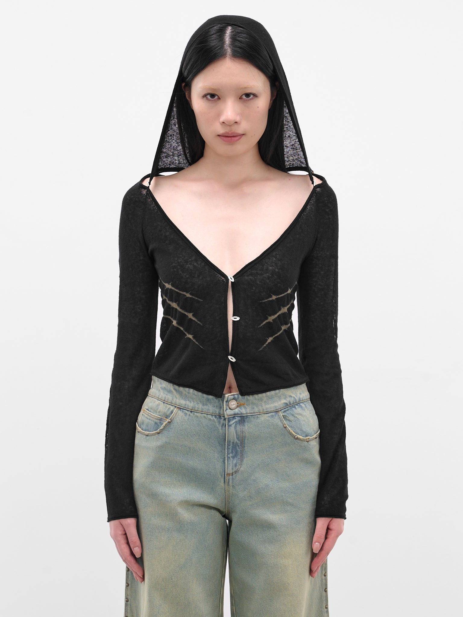 Black Thorn Intarsia Hooded Cardigan - 1