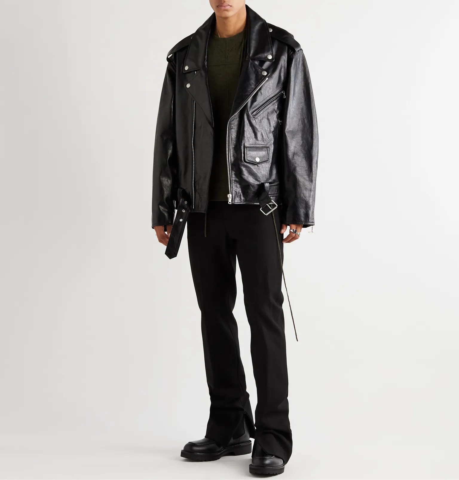 Oversized Glossed Full-Grain Leather Jacket - 2