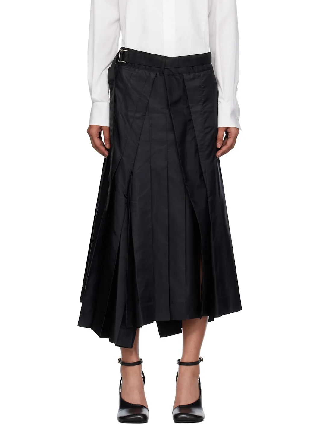 Black Nylon Twill Mix Midi Skirt - 1