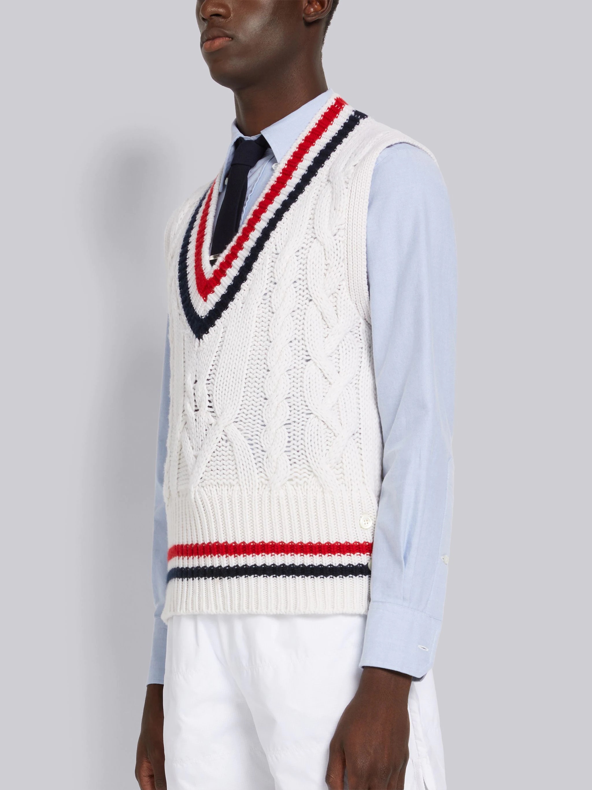 White Cashmere Stripe Trim Cable Knit V-Neck Vest - 2