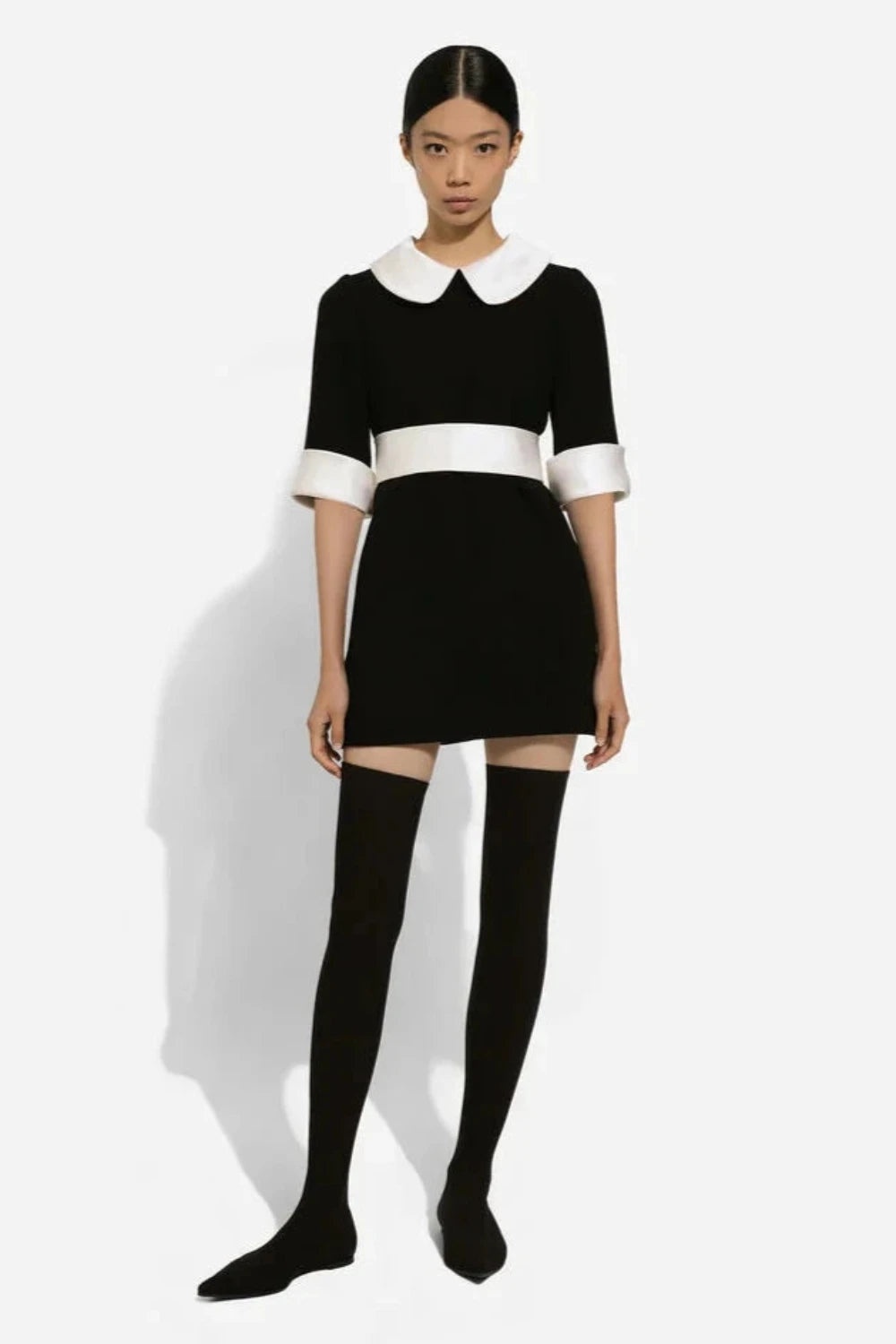 Short Wool Crepe Dress with Satin Details - 2