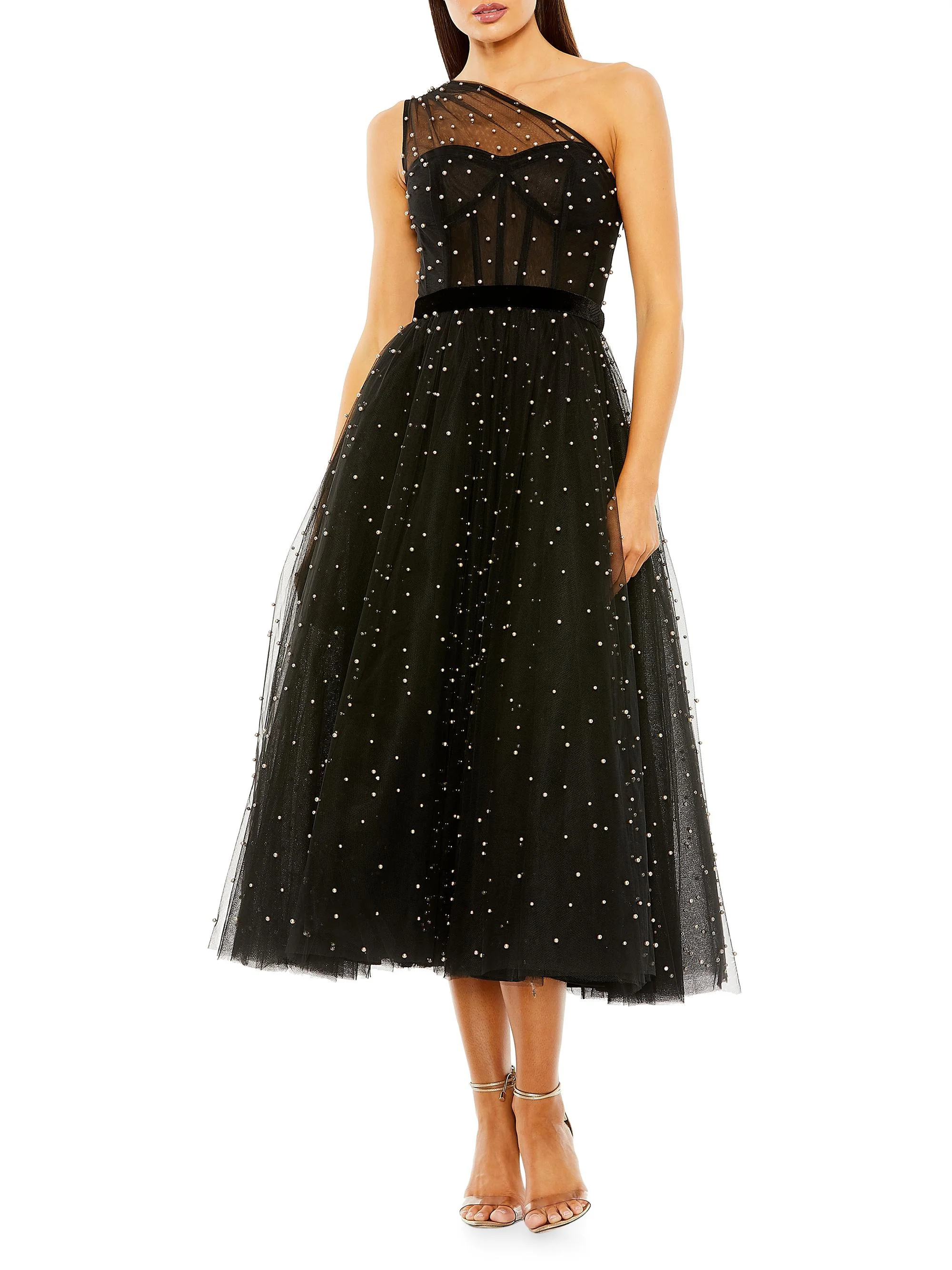 Women's Embellished Tulle One-Shoulder Midi-Ballgown - Black - 1