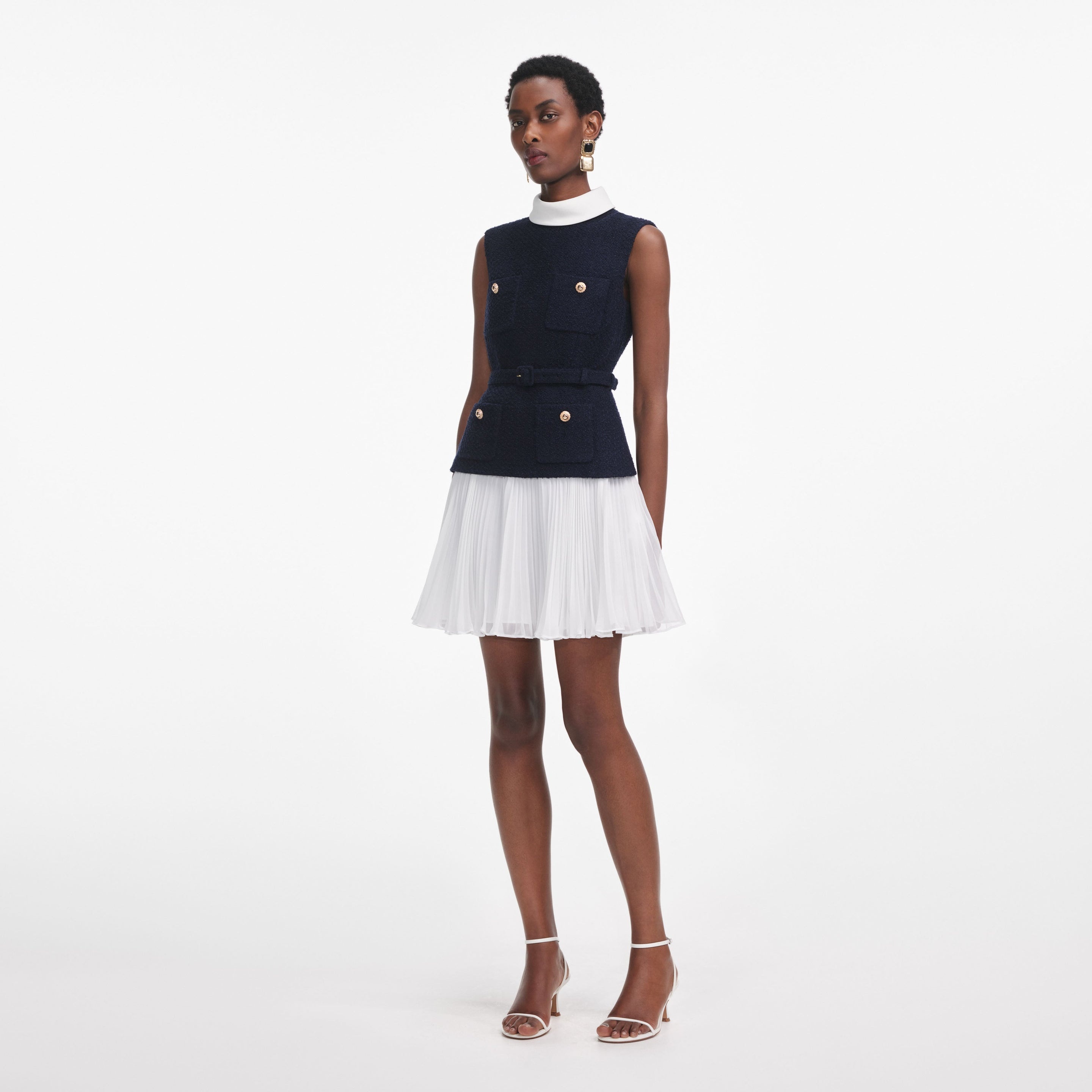 Navy Boucle And Chiffon Mini Dress - 2