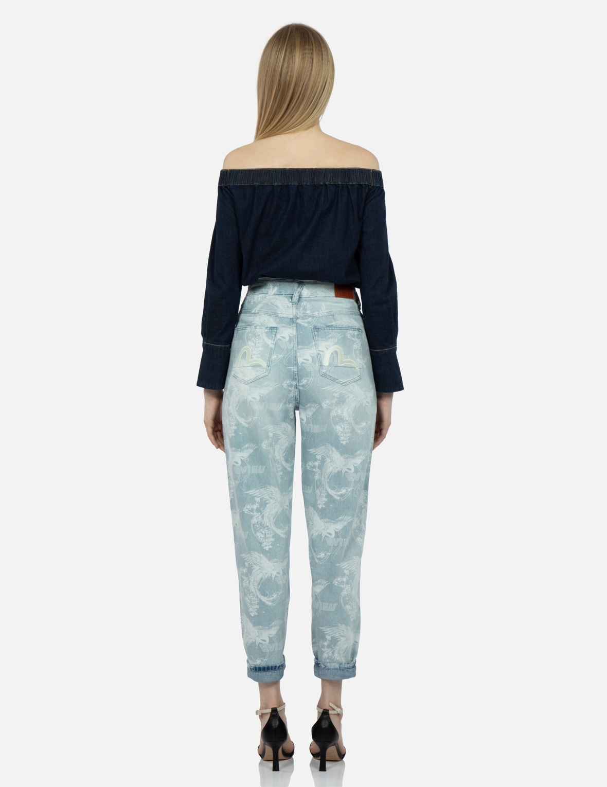 LASER-PRINT ALLOVER PEACOCK DENIM TAPER JEANS - 5