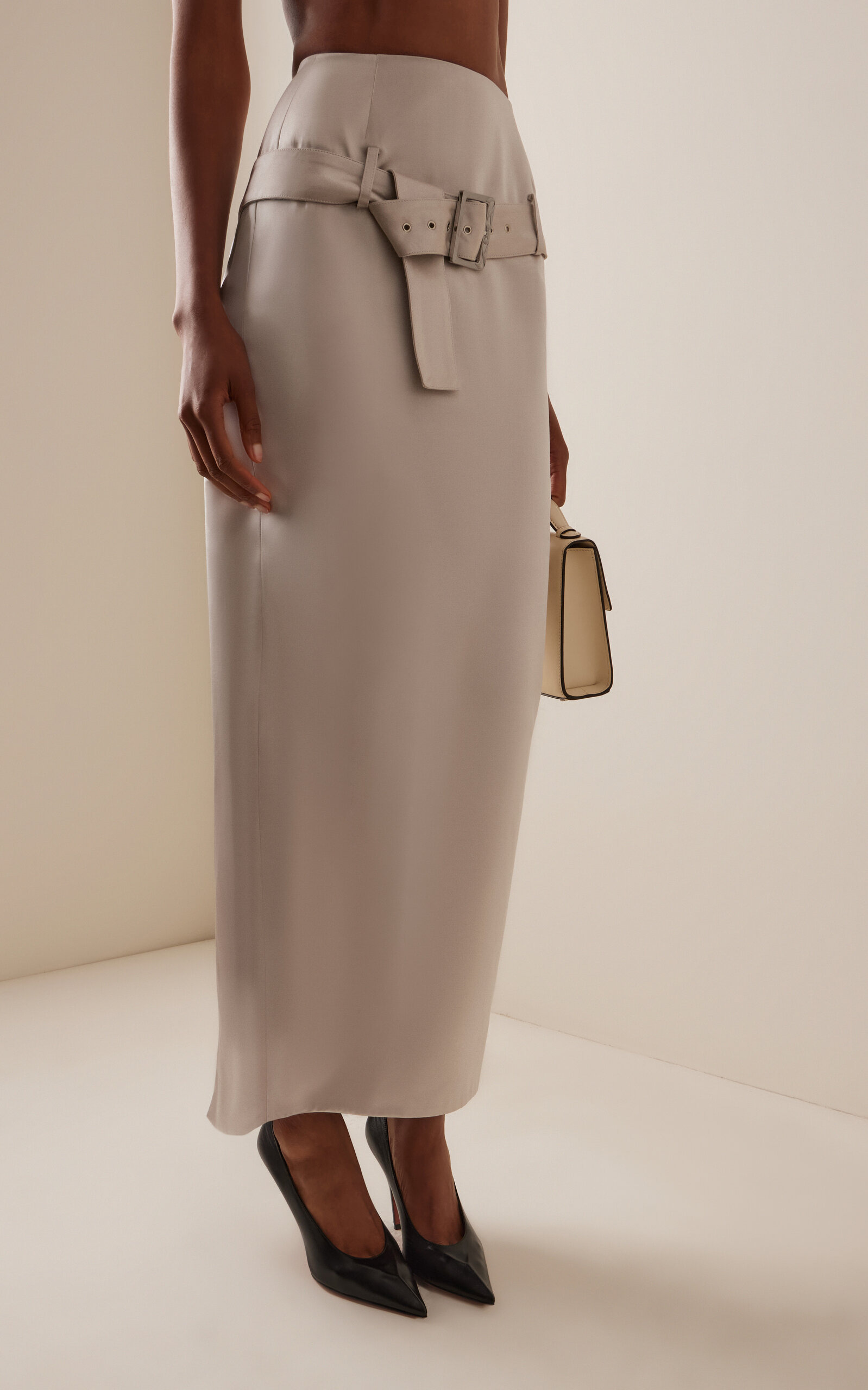 Exclusive Belted Satin Midi Pencil Skirt light grey - 3