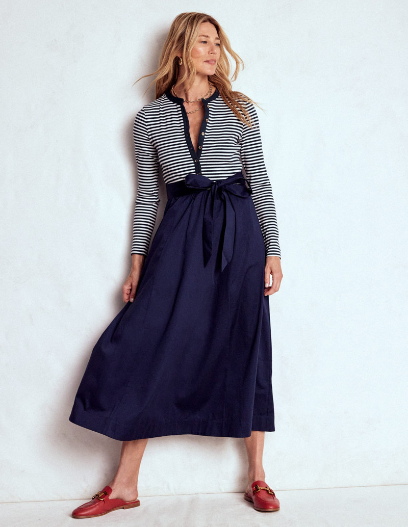 Button Detail Mix Dress-Navy Stripe 5