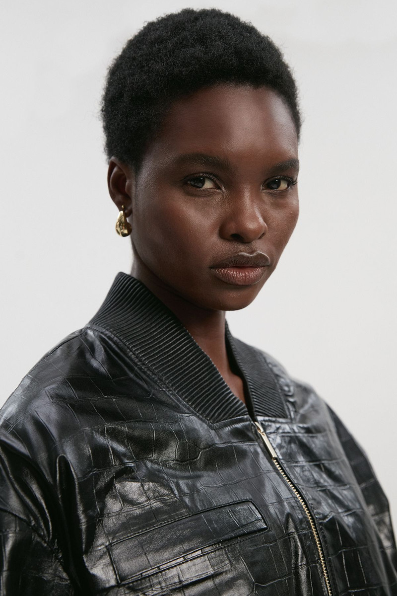 High Shine Croc Embossed Leather Bomber Jacket 3