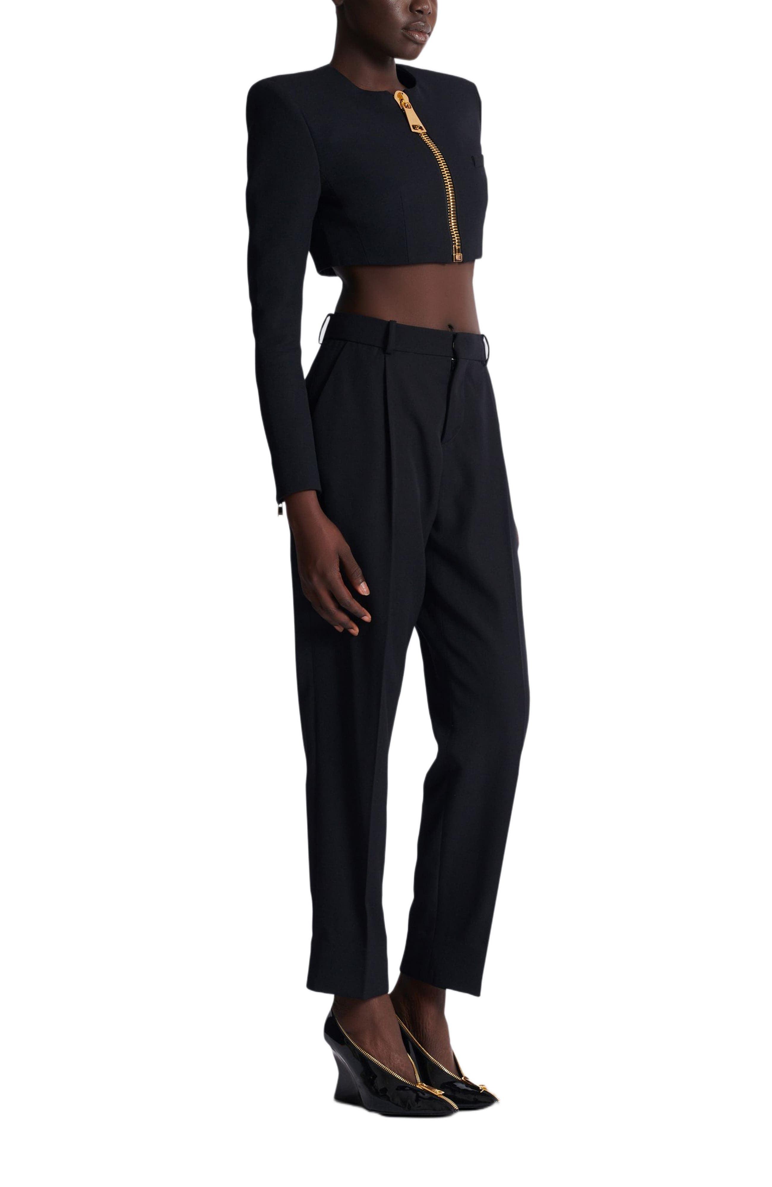 Balmain Cropped Jacket In Grain De Poudre Wool in Black at Nordstrom - 2