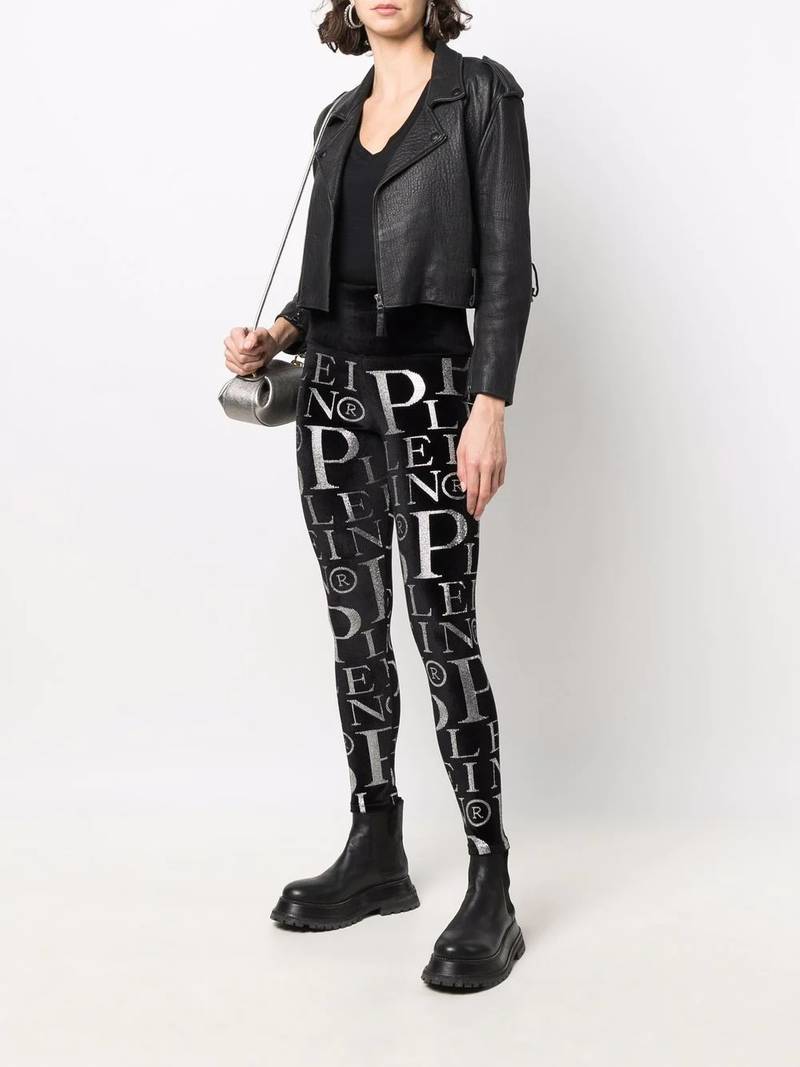 PHILIPP PLEIN Velvet logo-print high-waisted leggings outlook