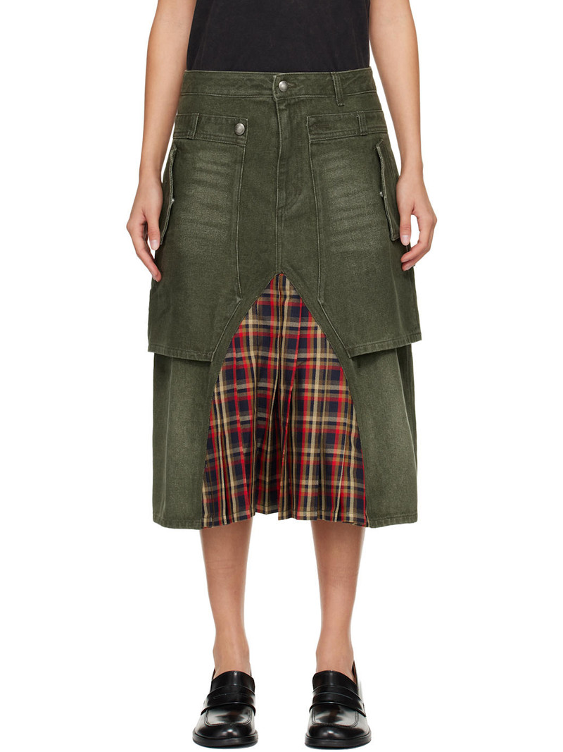 Khaki Raptor Layered Pleats Denim Midi Skirt 1