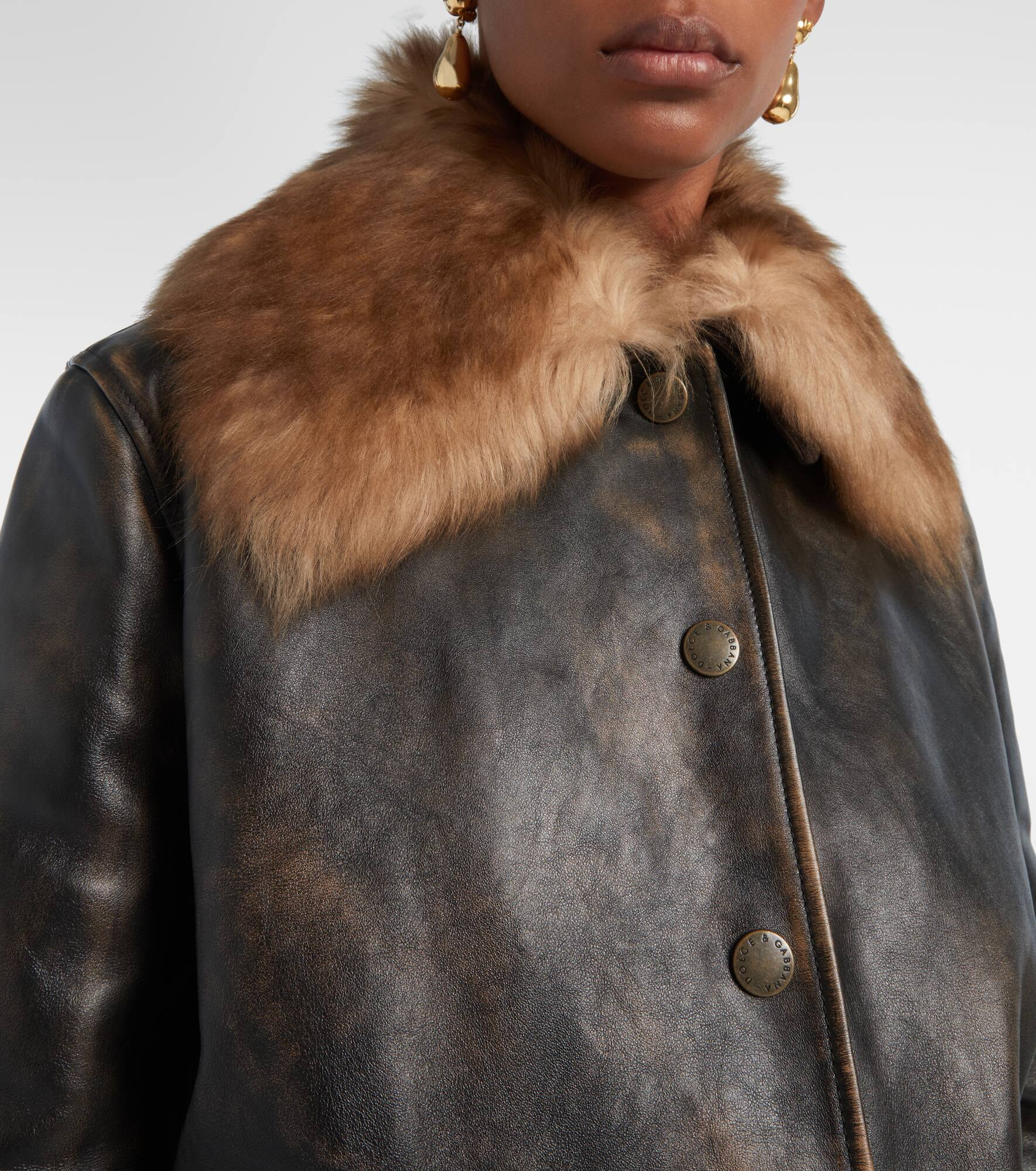 Shearling-trimmed leather bomber jacket - 4