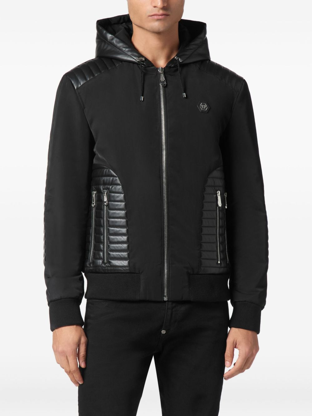 hooded leather-insert jacket - 2