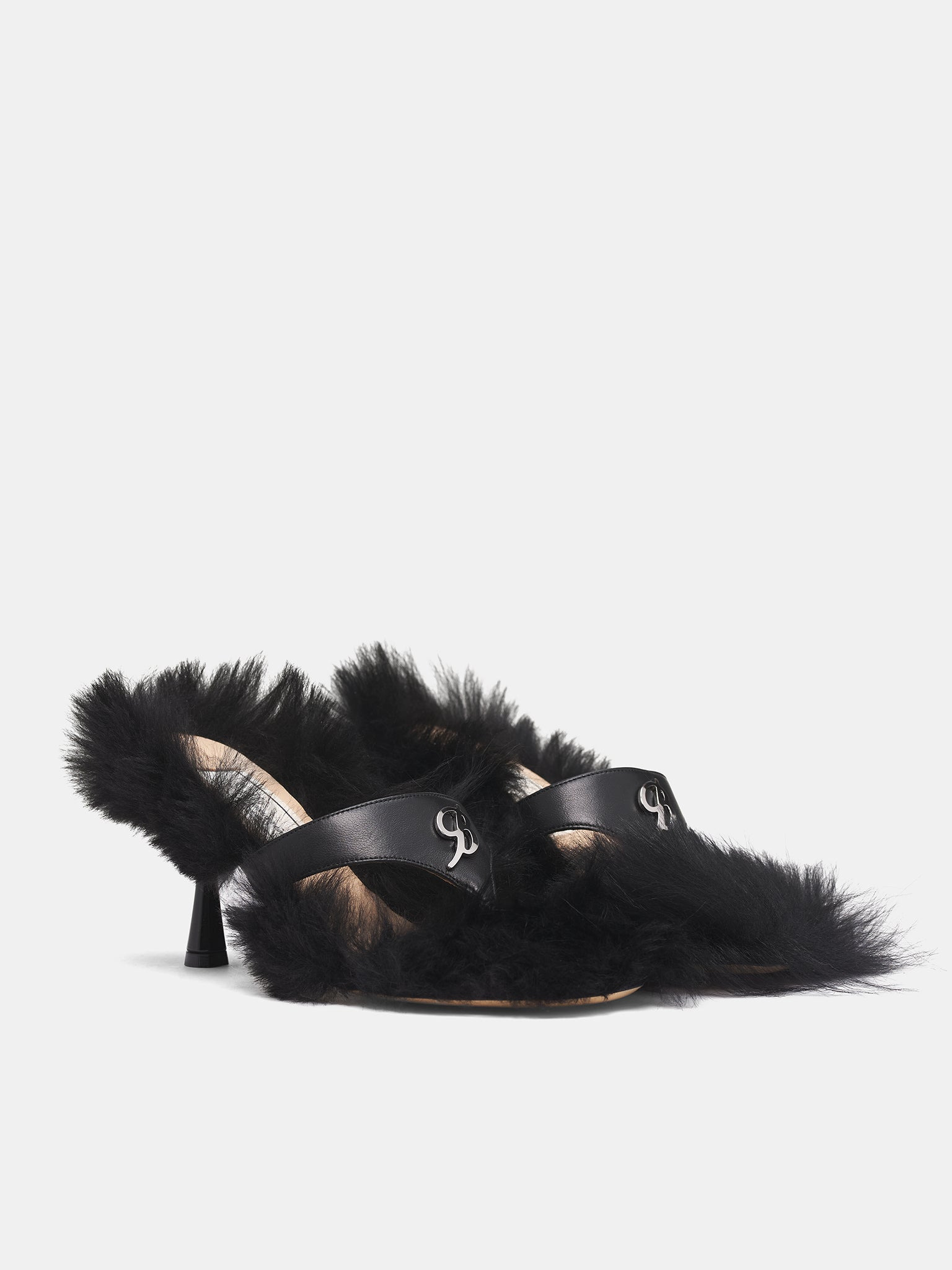 Black Lamb Fur Heeled Sandals - 2