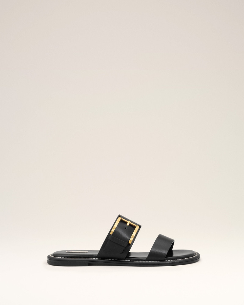 BLACK COW LEATHER BUCKLE SANDALS 1
