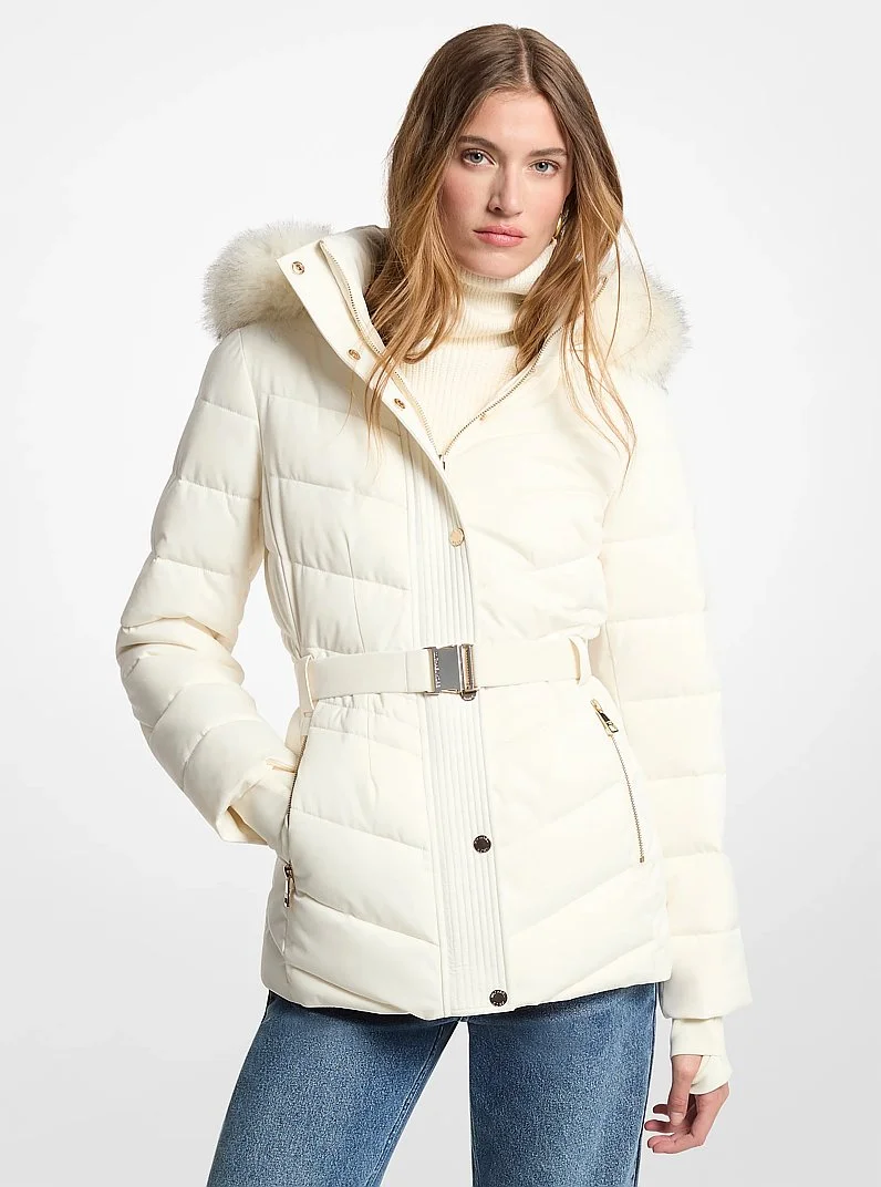 Faux Fur Trim Packable Quilted Puffer Jacket - 1