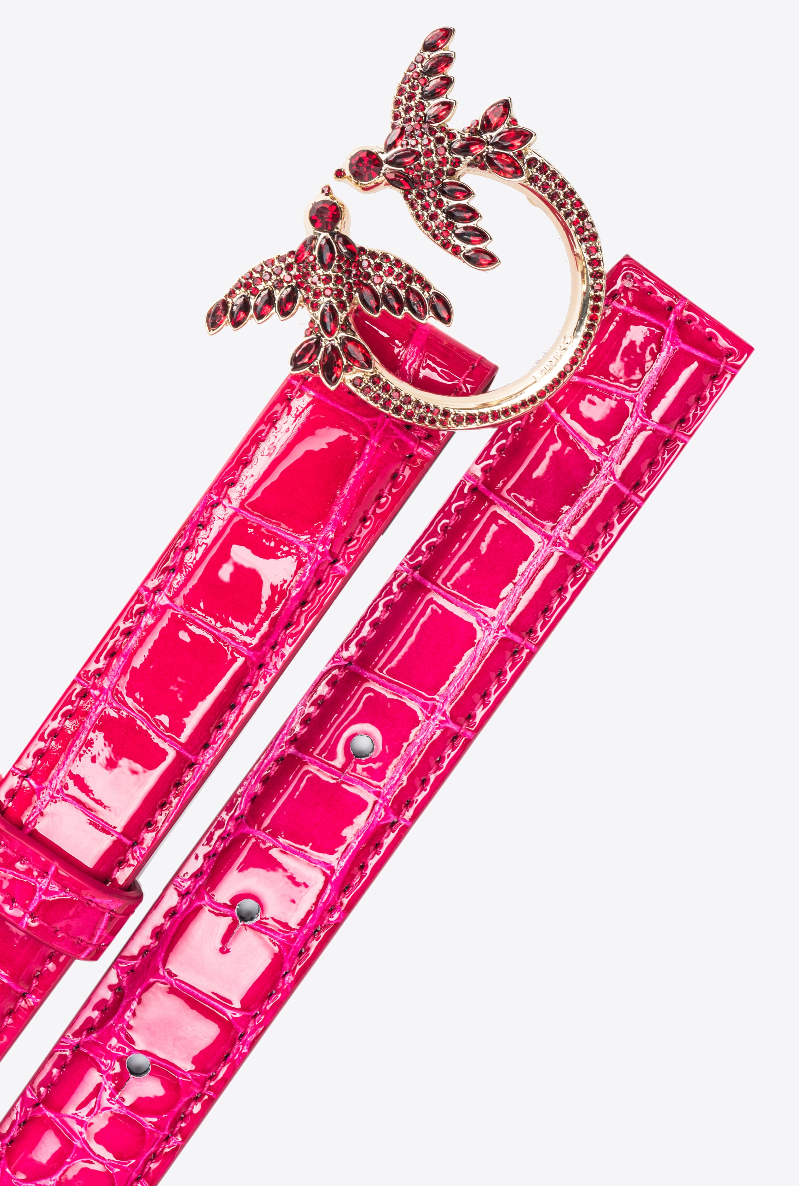 PINKO GALLERIA THIN 2CM SHINY COLOURED CROC-PRINT BELT WITH LOVE BIRDS BUCKLE - 3