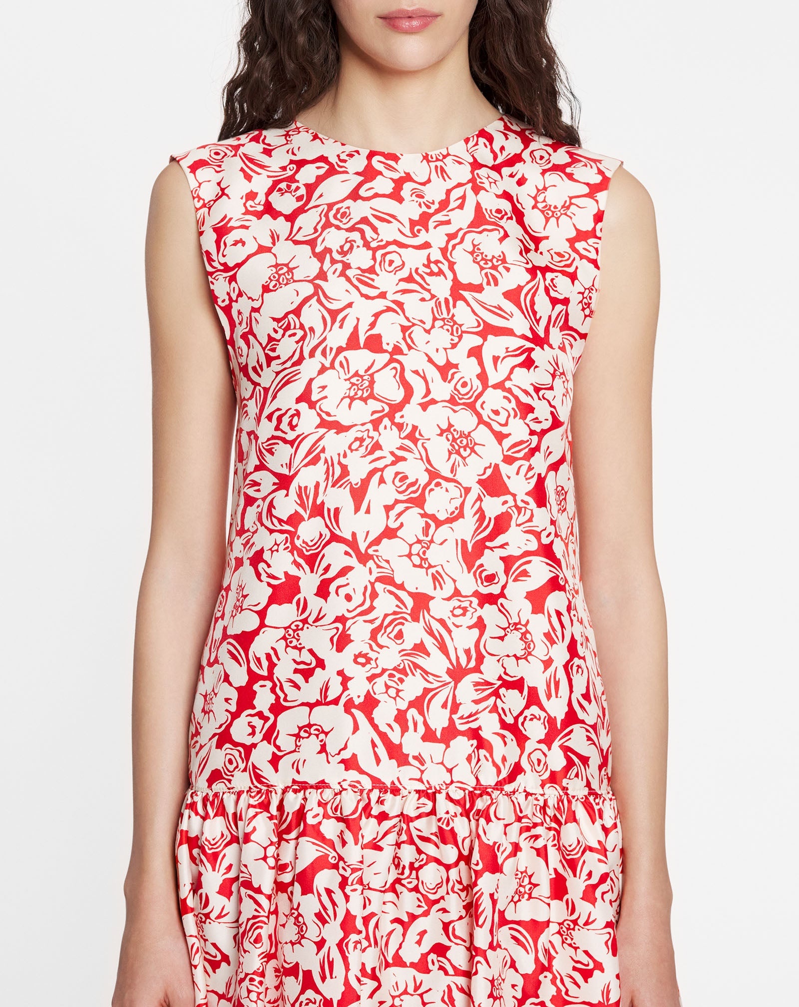 SLEEVELESS ROUND NECK DRESS WITH RUFFLES IN PRINTED SILK TWILL - 4