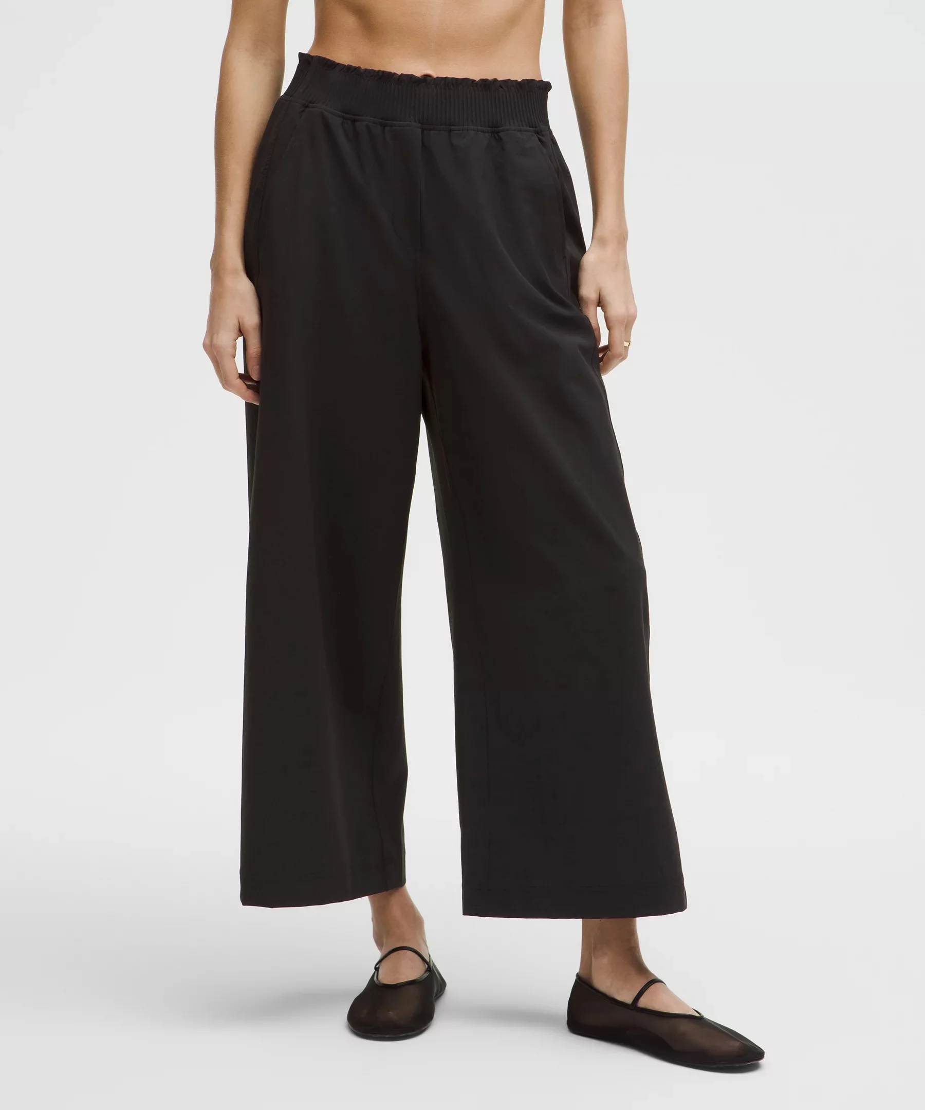 Stretch Woven Ruffle-Waist Wide-Leg Cropped Pant - 1
