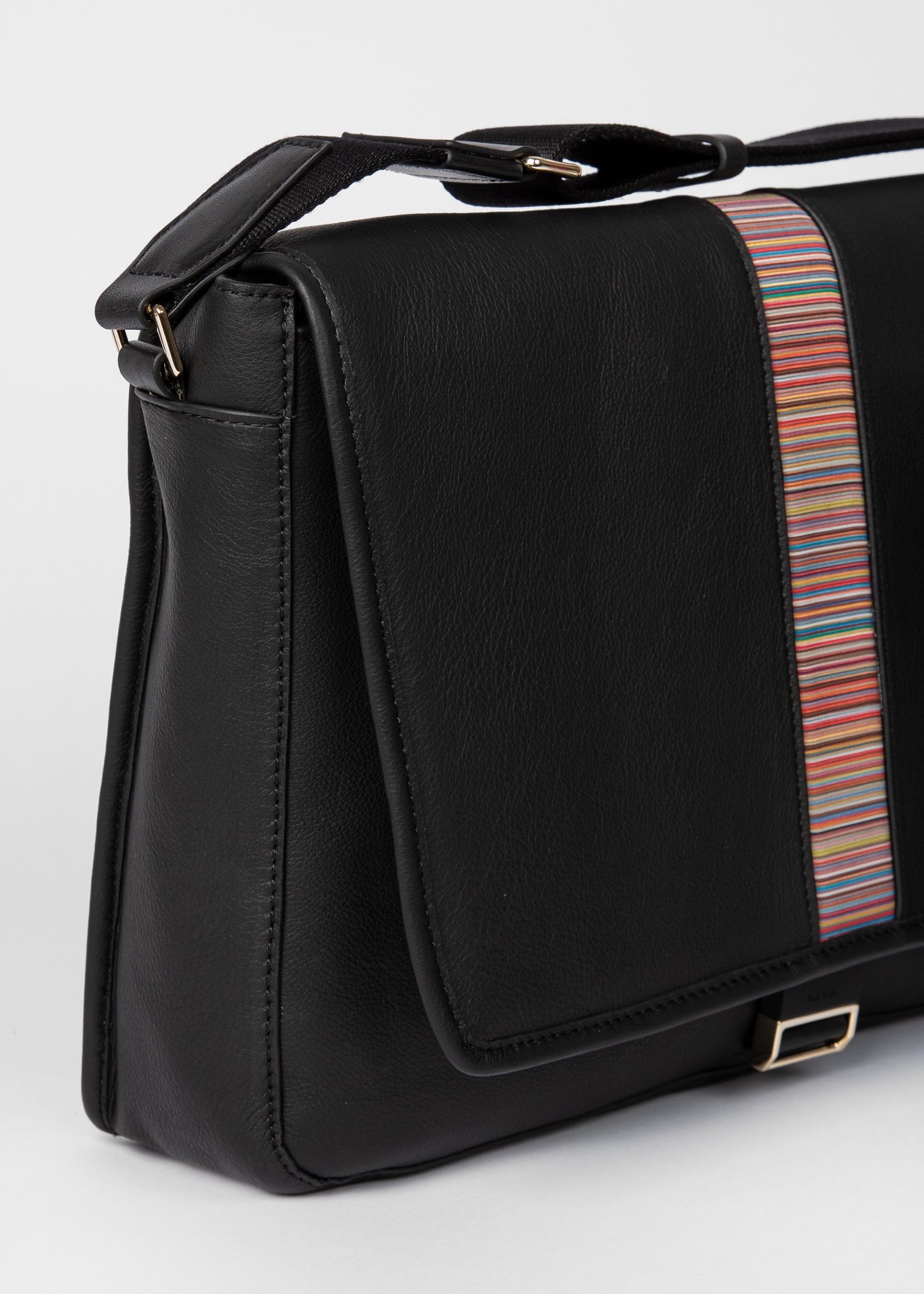 Black Leather 'Signature Stripe' Messenger Bag - 2