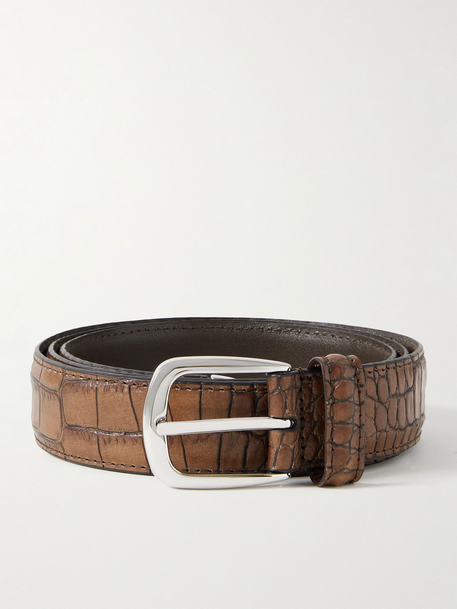 3cm Croc-Effect Leather Belt Brown - 1