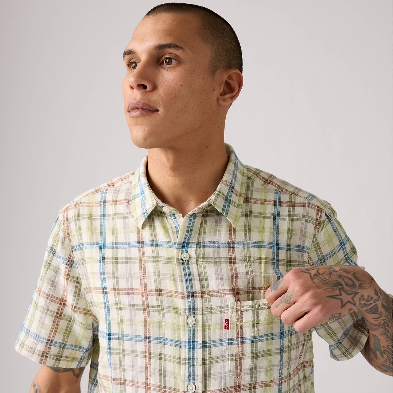 SHORT SLEEVE SUNSET COTTON LINEN ONE POCKET SHIRT - 4