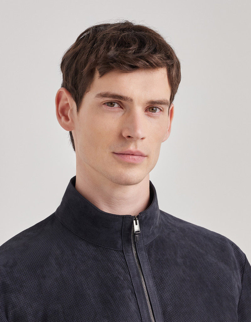 CARAMEL MIXED-MATERIAL ULTRALIGHT SUEDE BOMBER JACKET WITH KNIT INSERTS 265
