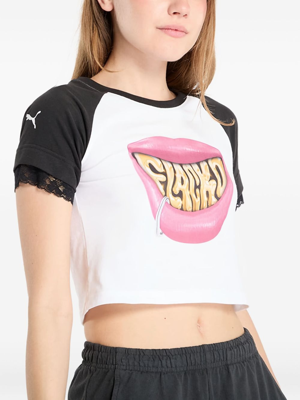 lace-trim graphic-print T-shirt - 4
