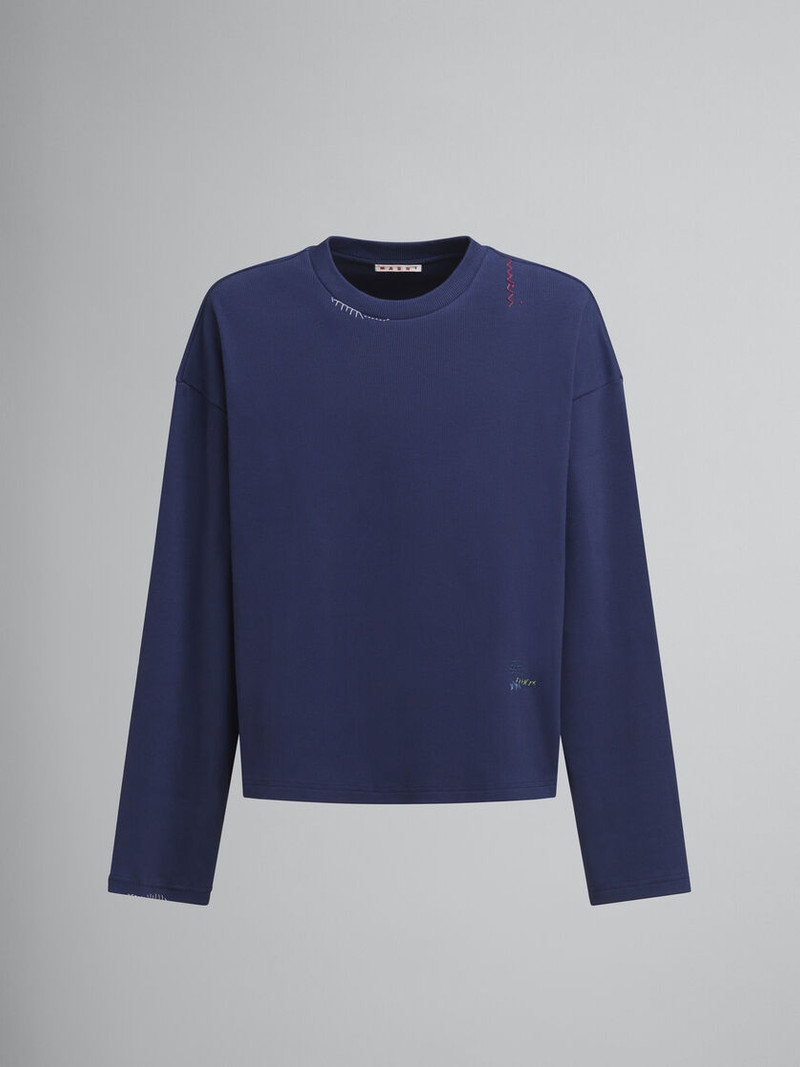 DARK BLUE RIBBED COTTON T-SHIRT WITH MARNI SYMBOL - 1
