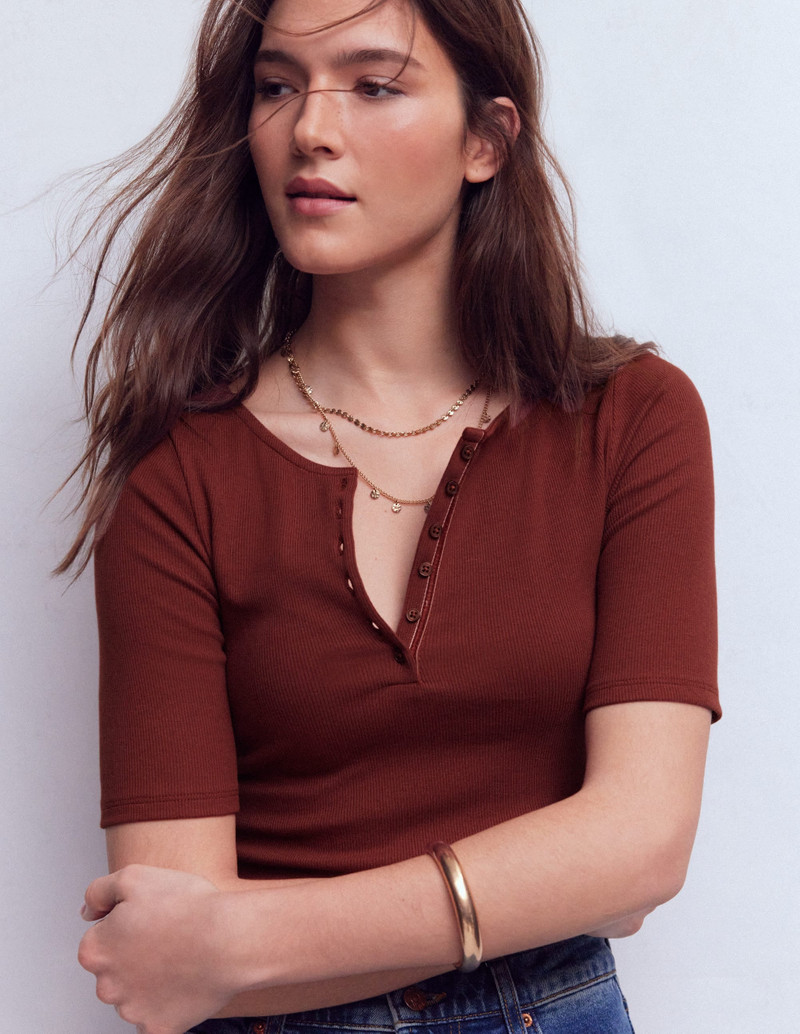 Short Sleeve Rib Henley-Roasted Brown 5
