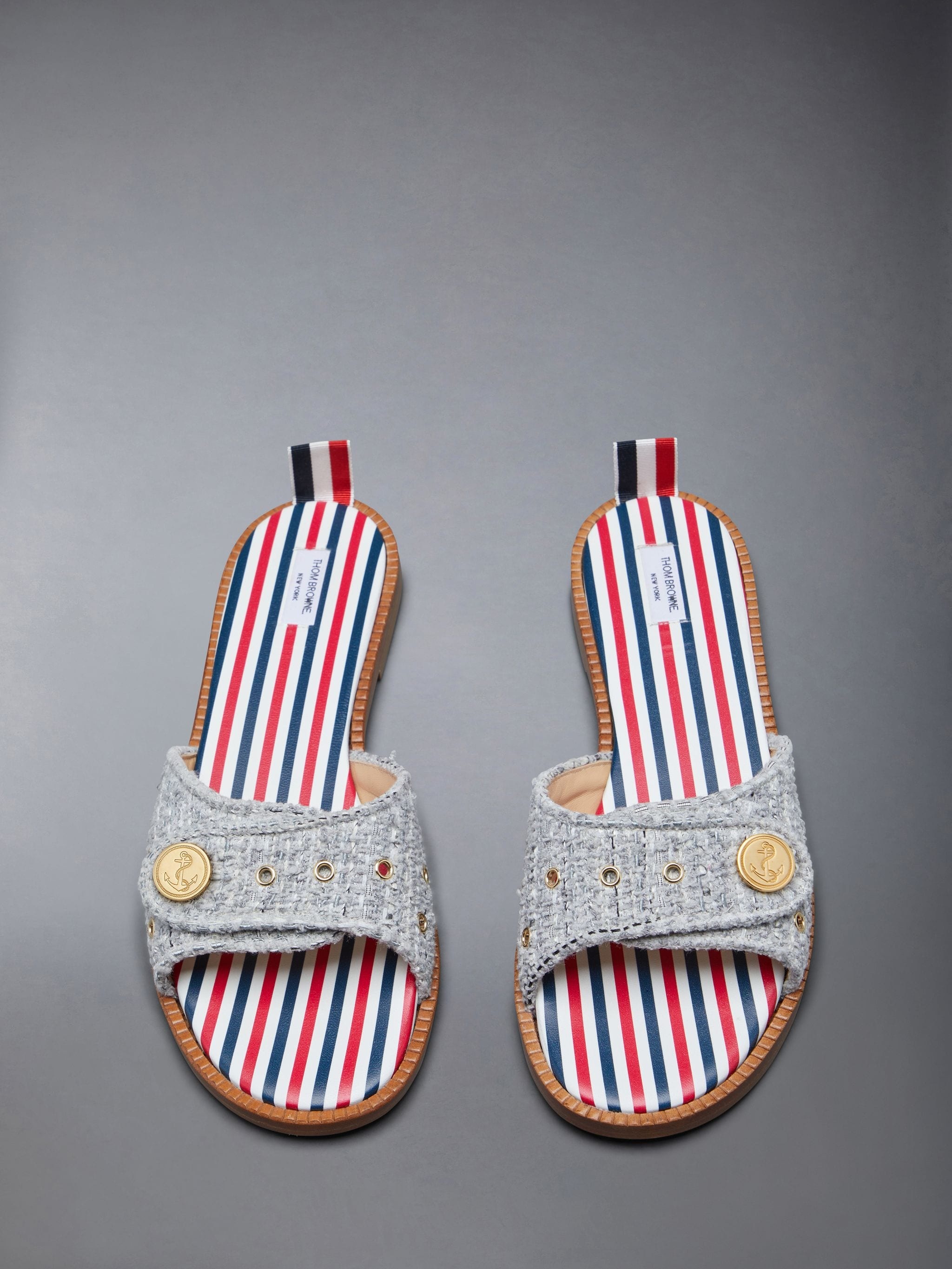embossed-button tweed flat sandals - 5