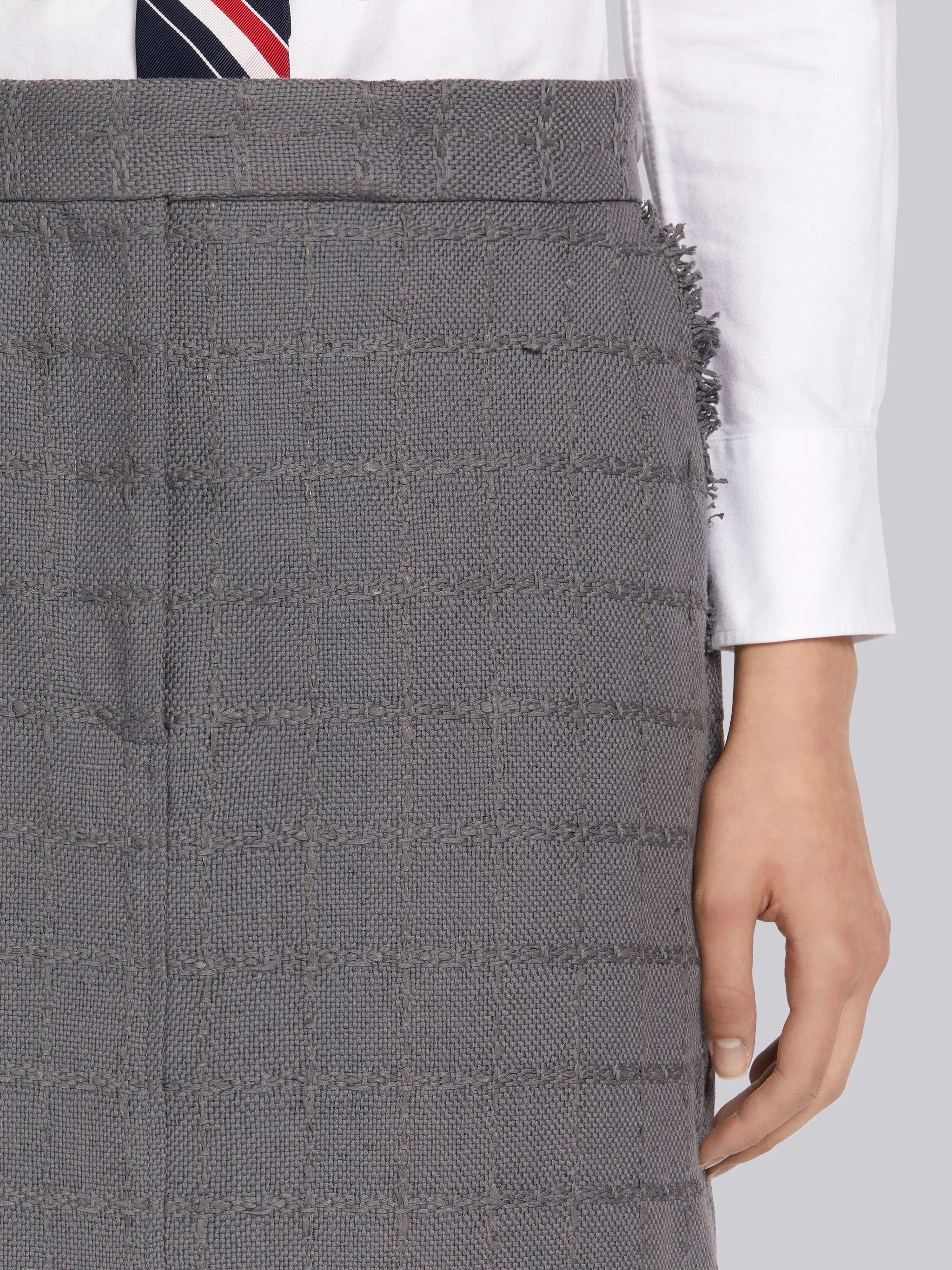 Medium Grey Windowpane Summer Tweed Frayed Sack Skirt - 5