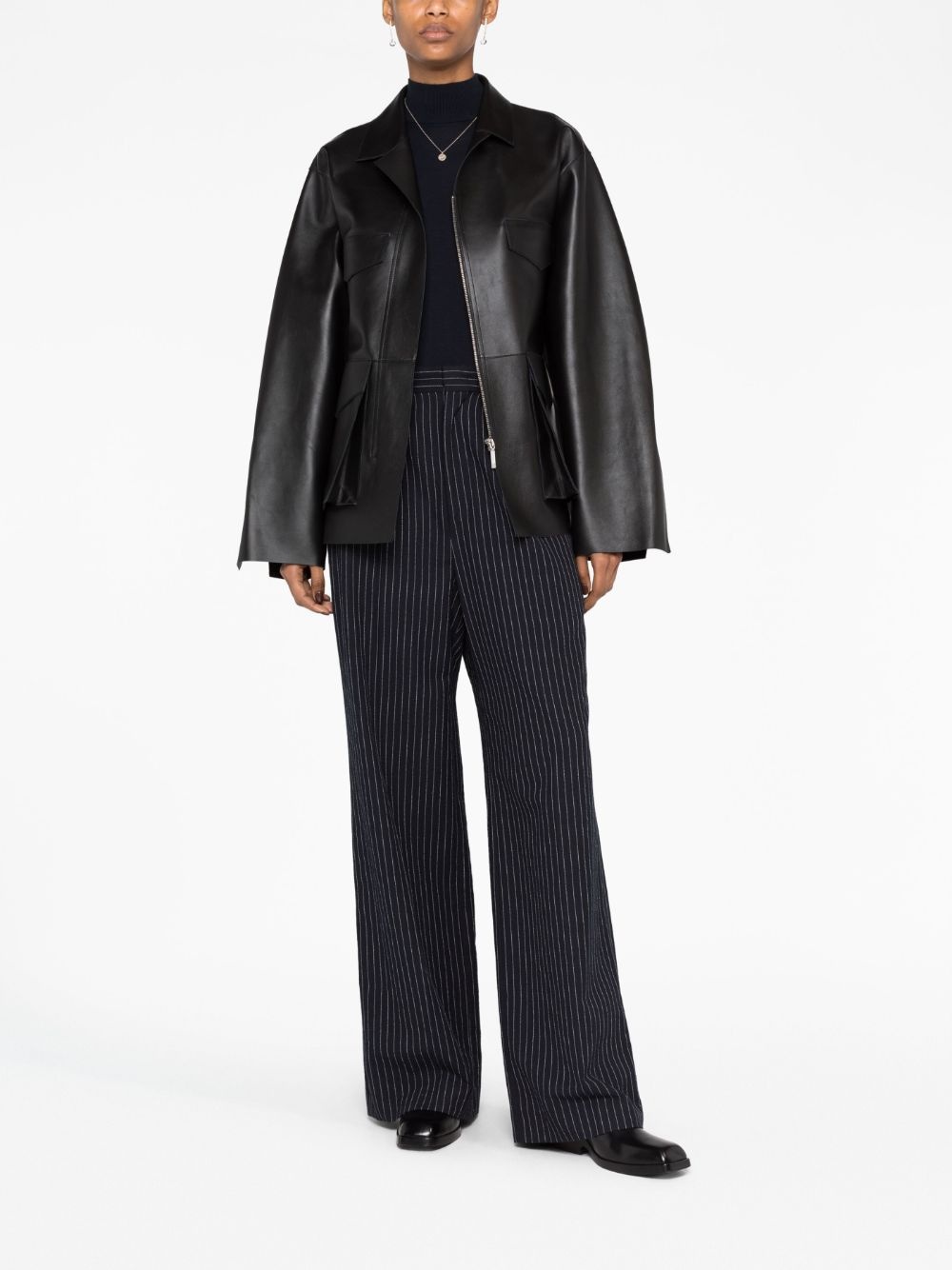 zipped wide-sleeve leather jacket - 2