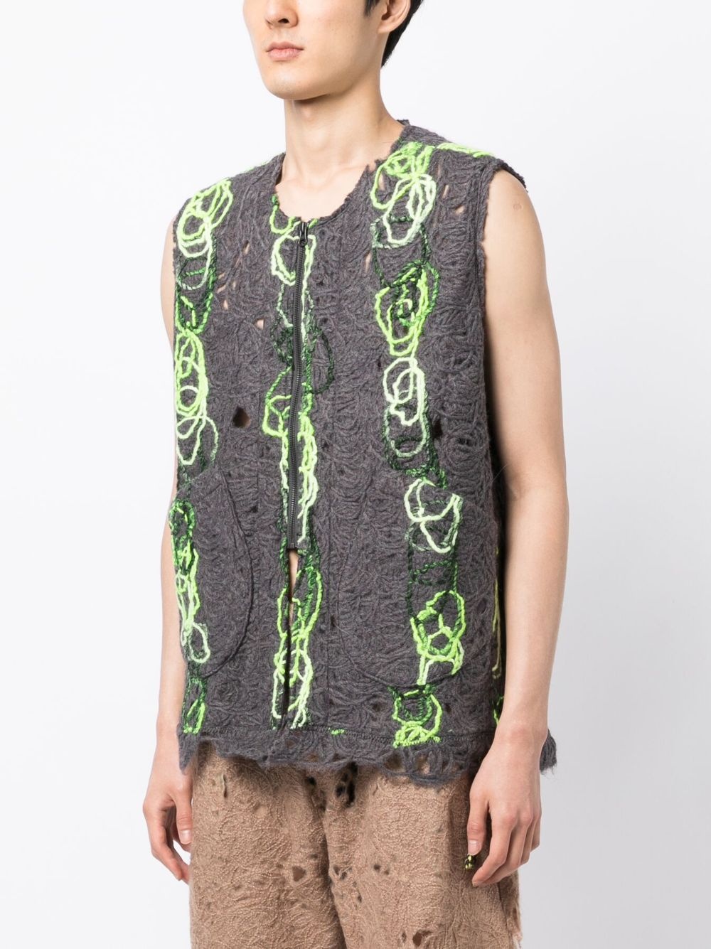 open-knit distressed zipped waistcoat - 3