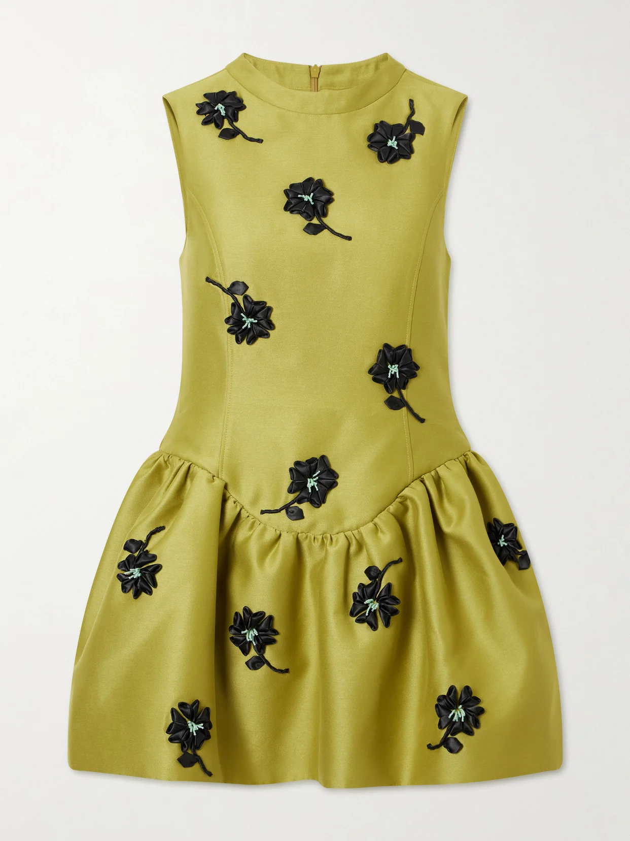 Floral-appliqué Gathered Satin Mini Dress - 1