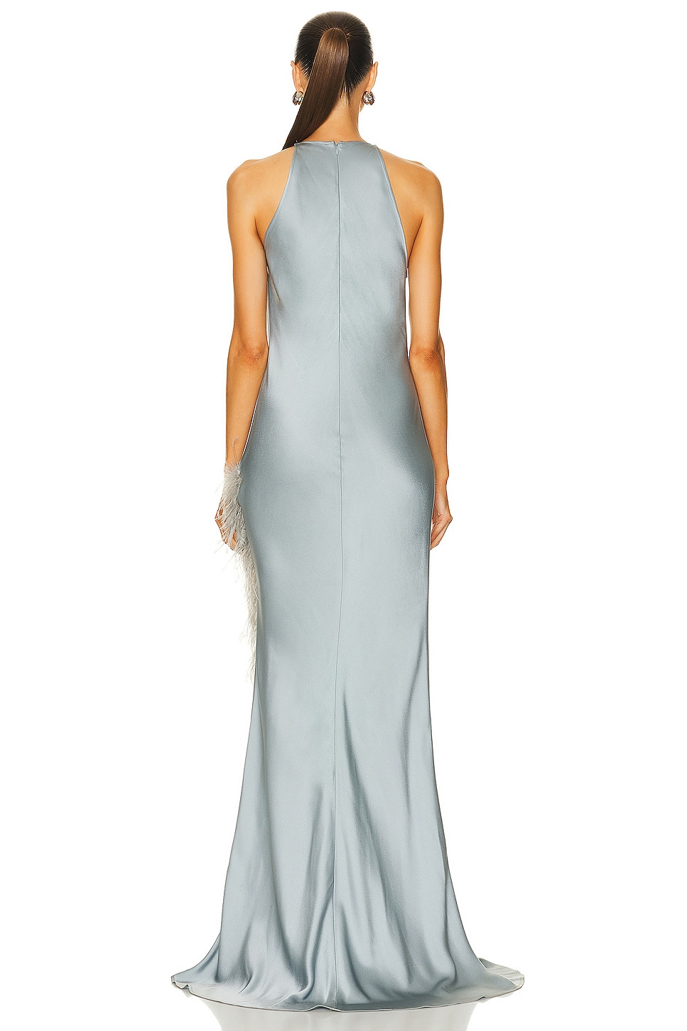 Doubleface Satin Halter Cowl Neck Ostrich Gown - 4