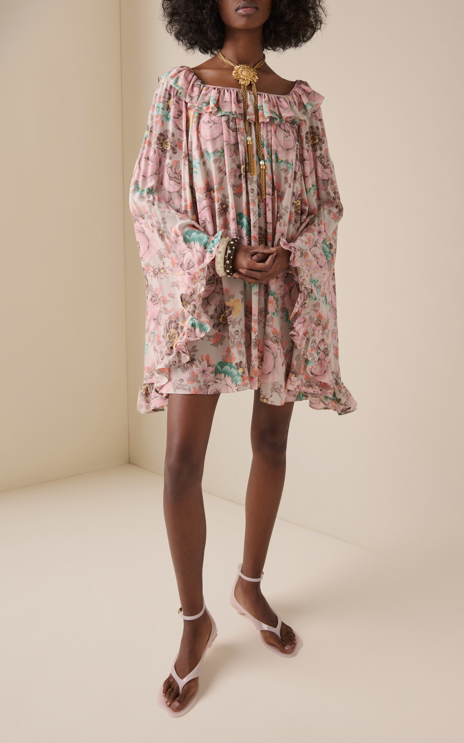 Bouquet-Printed Organic Silk Crepe De Chine Mini Cape Dress floral - 2