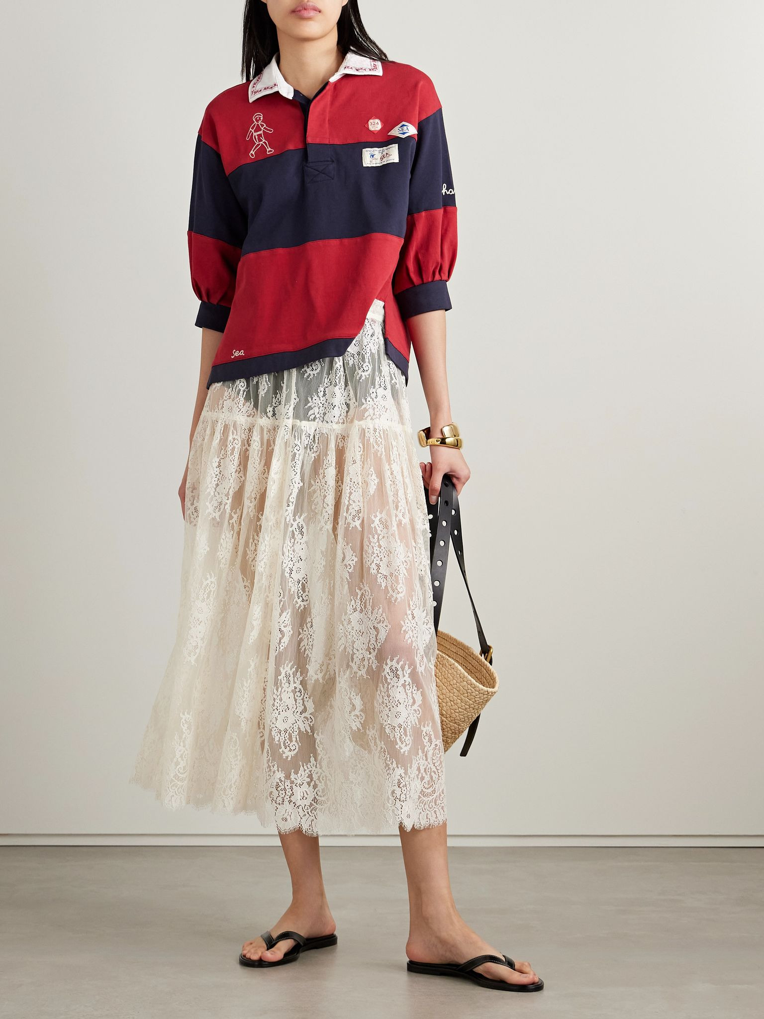 Carolyn appliquéd embroidered striped cotton-jersey polo shirt Red - 2