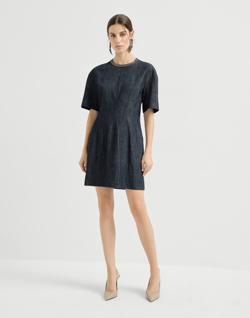Cotton denim-effect twill t-shirt dress with precious collar 2