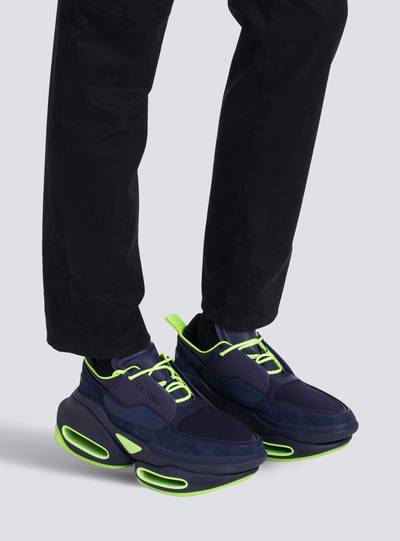 Balmain Navy blue and neon yellow leather and suede B-Bold low-top sneakers outlook