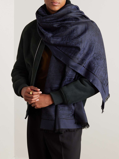Berluti Scritto Arabesque Frayed Mulberry Silk and Cashmere-Blend Jacquard Scarf outlook