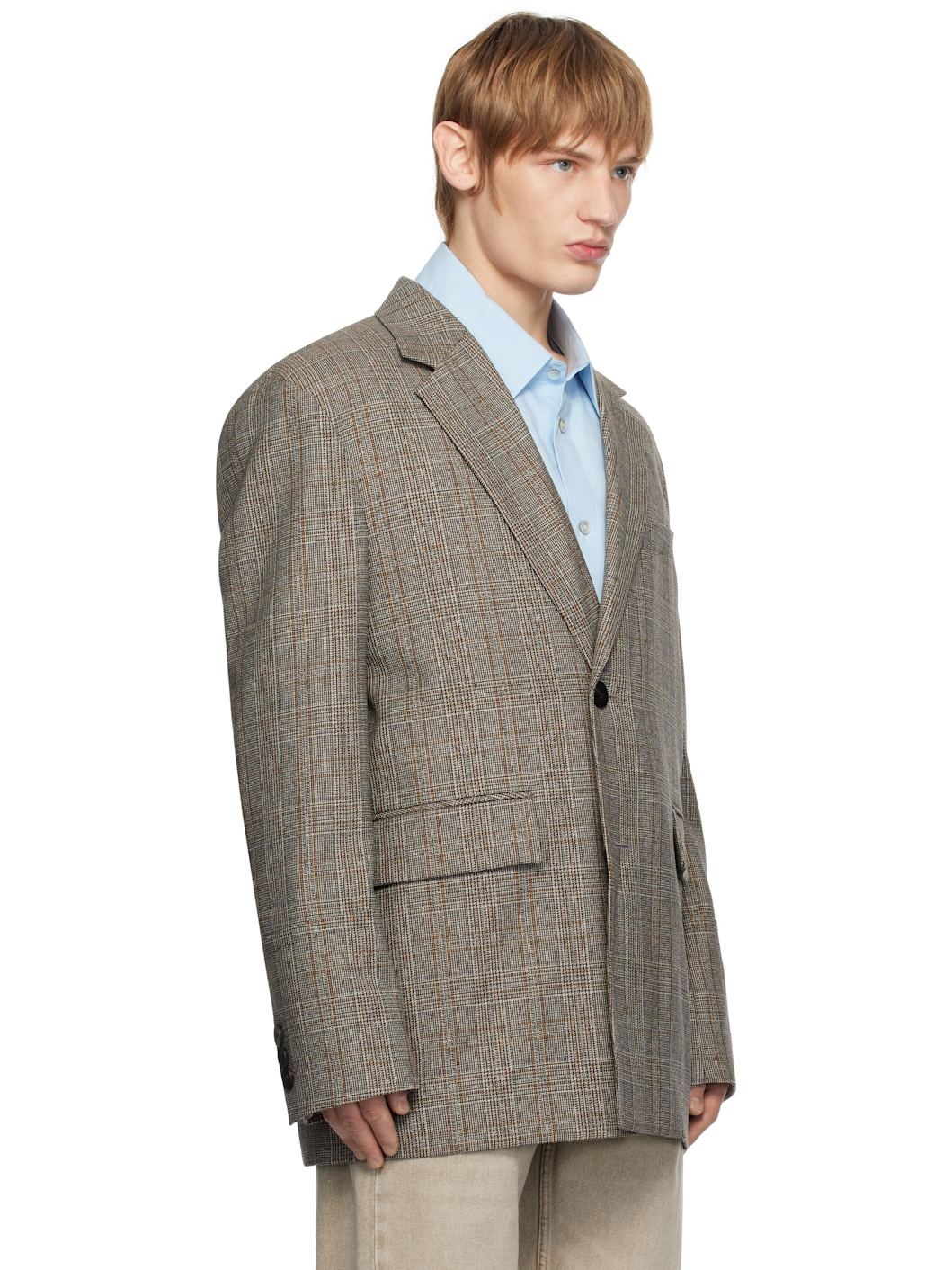 Gray Check Wool Single Blazer - 2