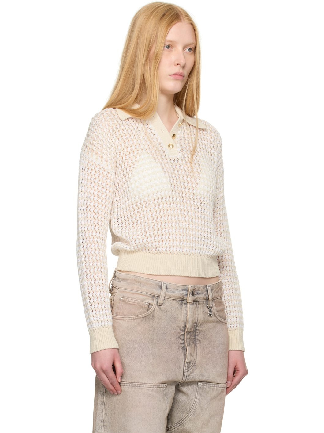 Beige Open Back Crochet Polo - 2