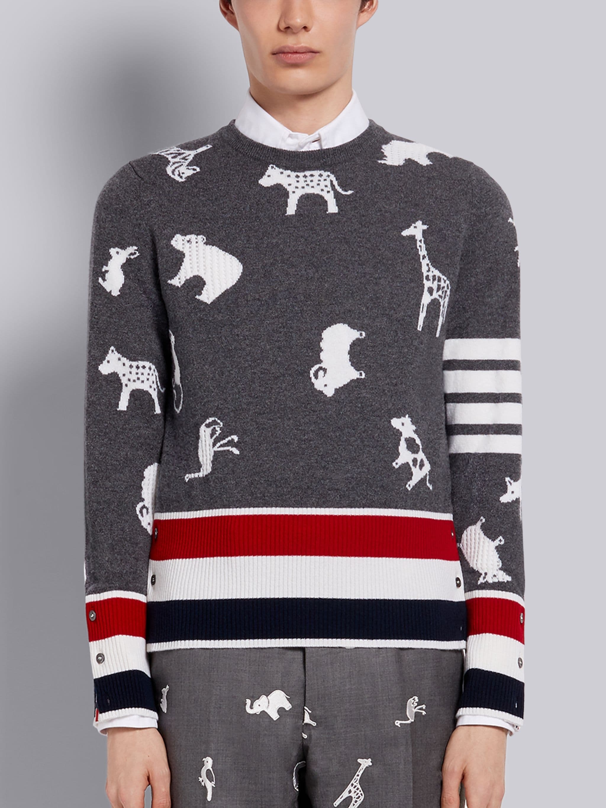 Medium Grey Cashmere Multi-Animal Icon Tricolor Hem Crewneck 4-Bar Pullover - 1