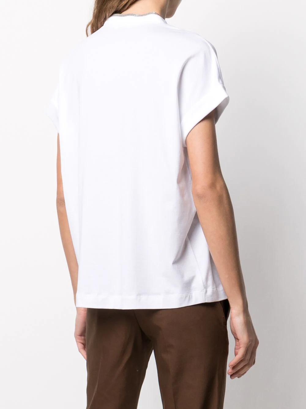silvery trim V-neck T-shirt - 4
